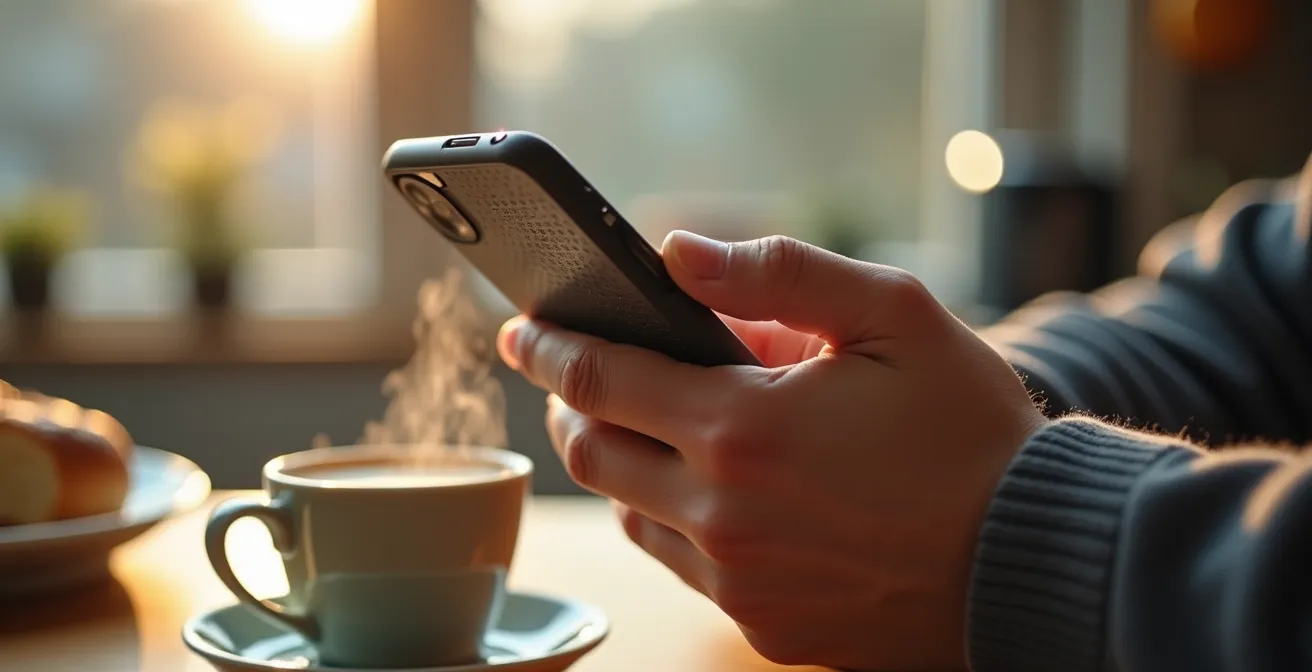 Close-up of hands holding a smartphone with a transit app displayed, set against the backdrop of a morning kitchen.