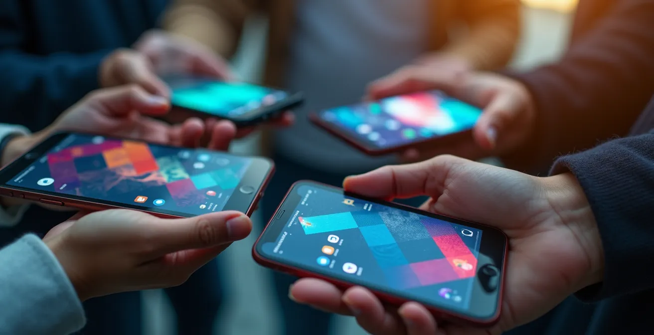Extreme close-up of hands interacting with multiple devices showing engagement metrics