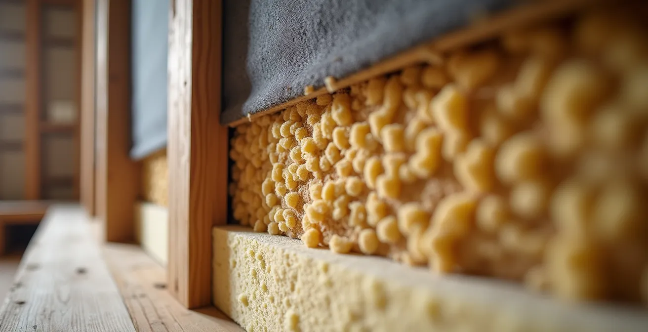 Professional home office in restored farmhouse with visible acoustic treatment panels