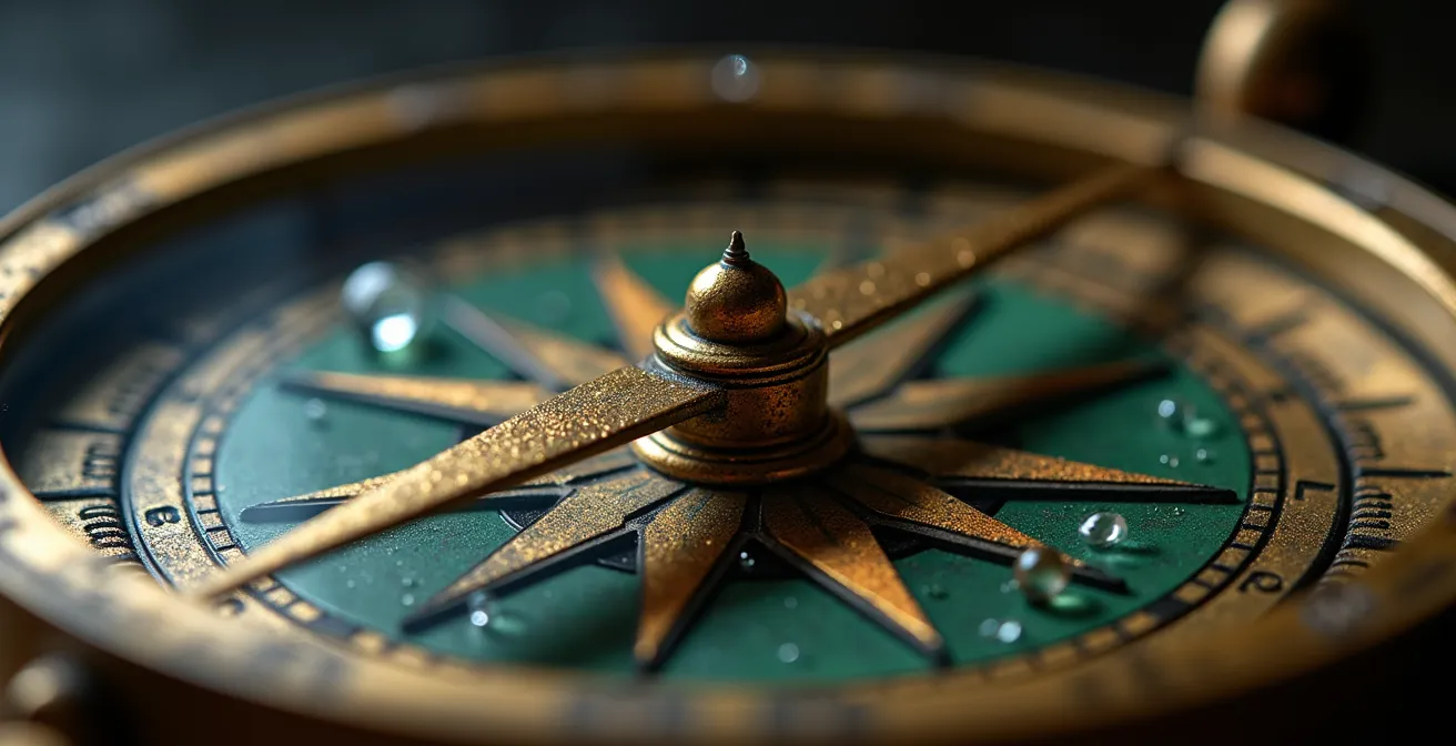 Extreme close-up of compass needle shifting direction
