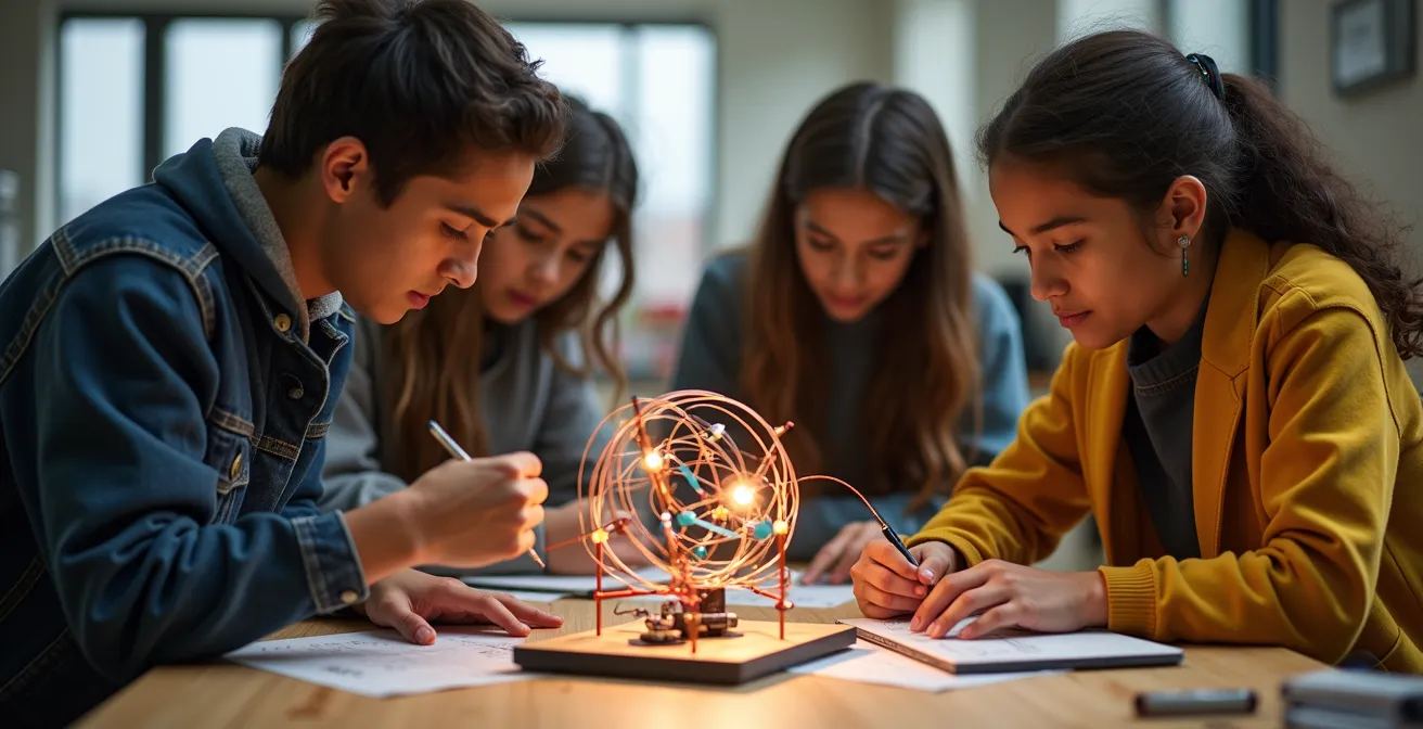 Students collaborating on a STEAM project combining engineering and artistic design