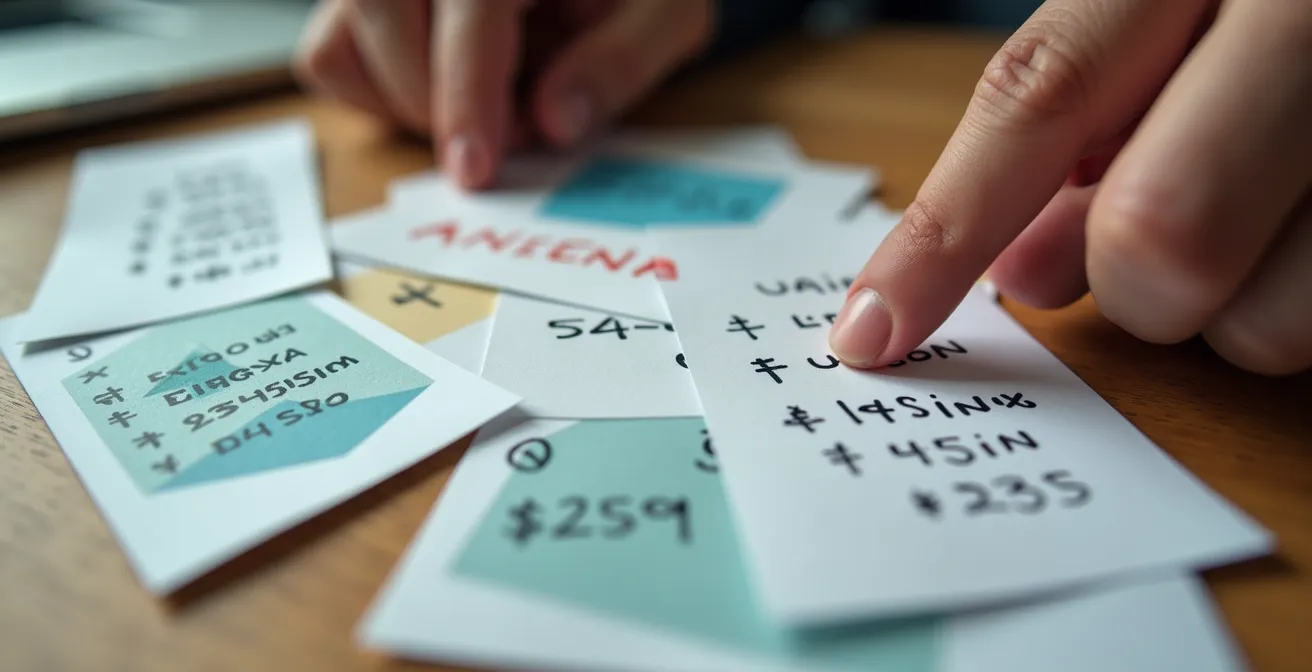 Hands organizing subscription cards and calculating savings on paper