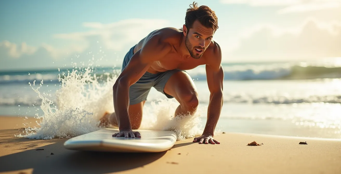 Surfer demonstrating the pop-up movement sequence on the beach