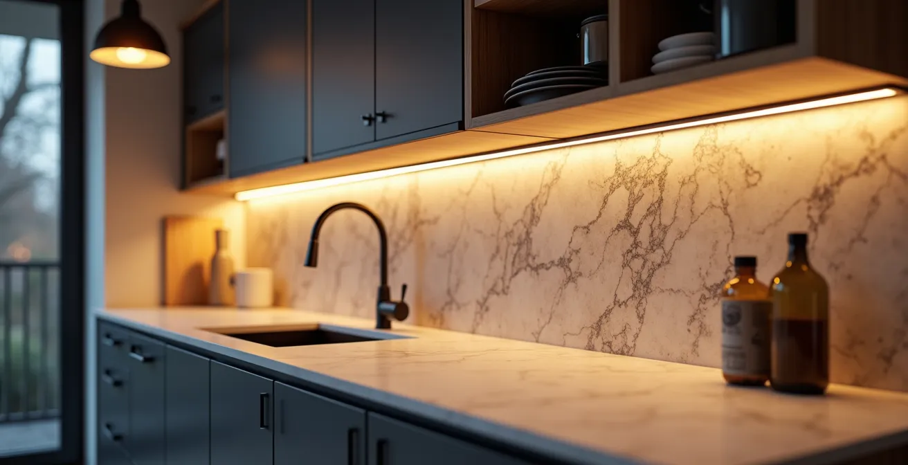 Kitchen workspace with layered lighting showing ambient, task, and accent illumination