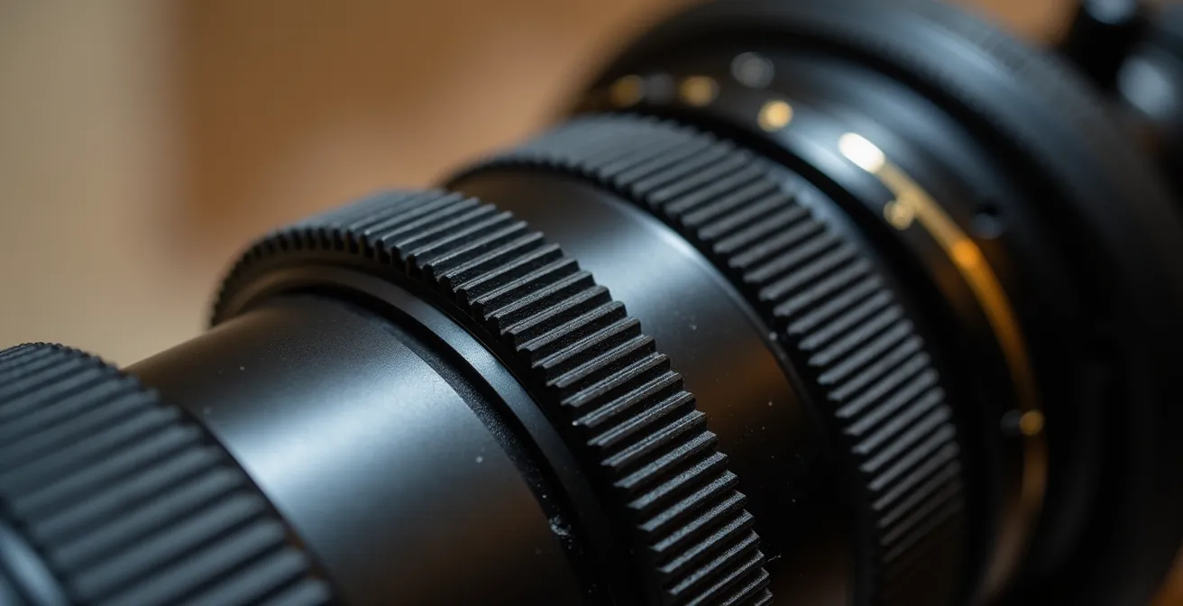 Extreme close-up of professional tilt-shift lens mechanism showing precise adjustment controls