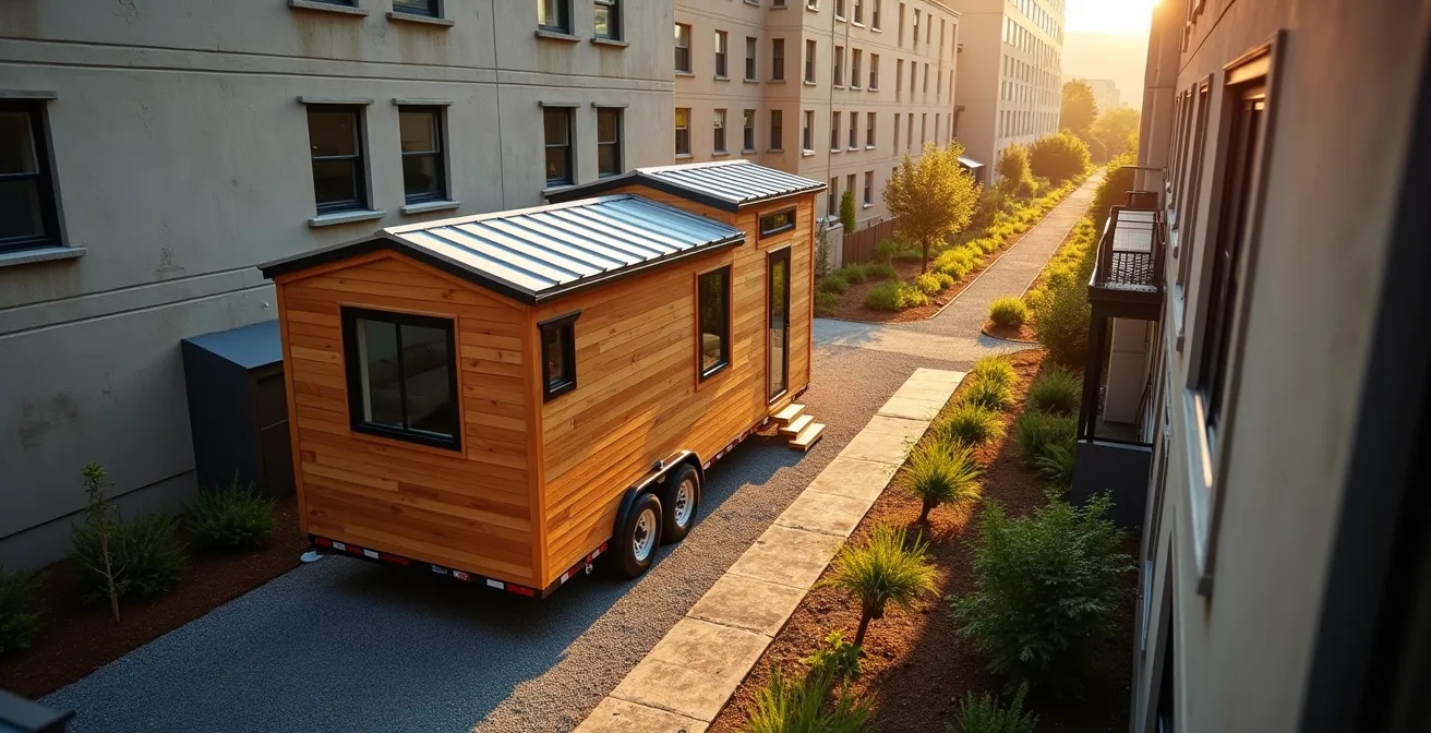 Aerial view of tiny house strategically positioned on urban lot with surrounding gardens