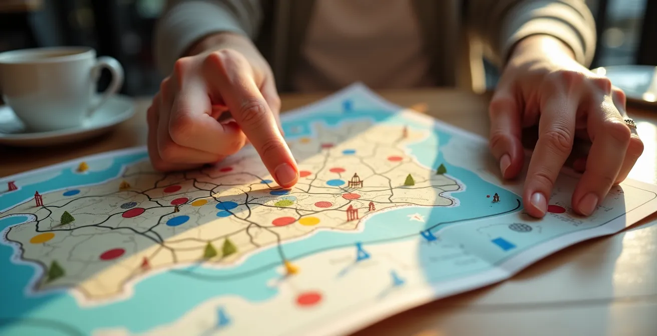 Hands holding a custom marked map with color-coded zones and monument clusters