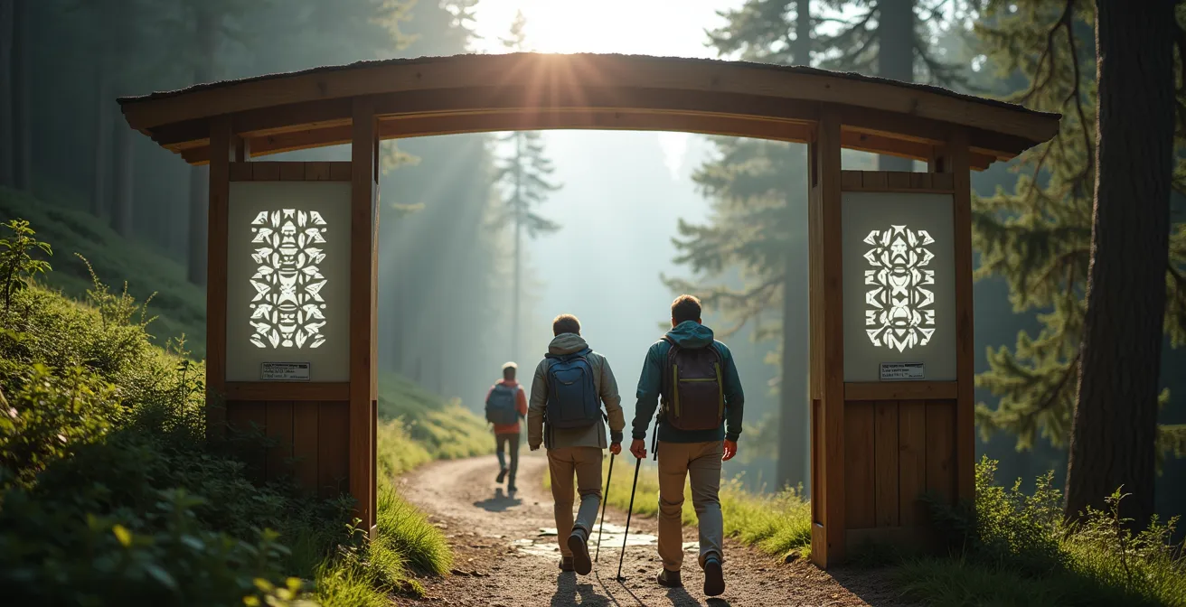 Hikers viewing real-time trail data on transparent information board
