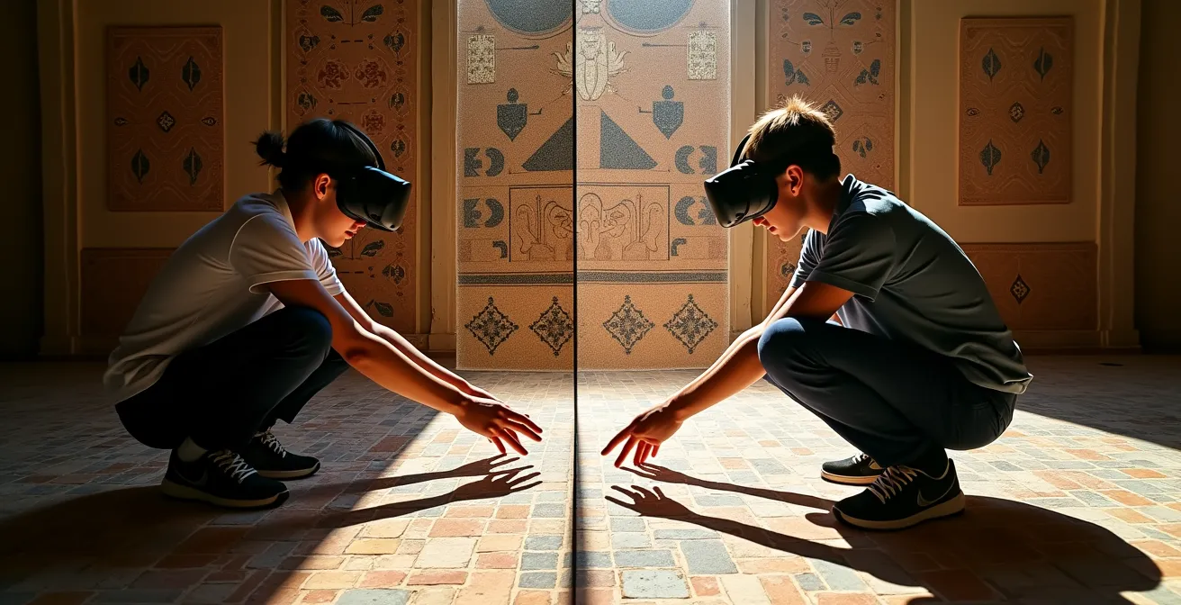 Student crouching to examine virtual floor mosaics in immersive VR environment