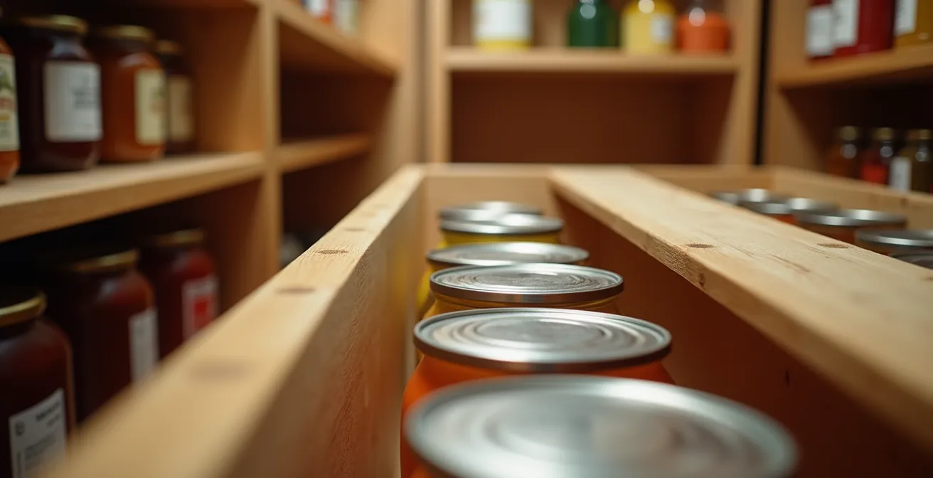 Custom pull-out drawer system installed under staircase for pantry organization
