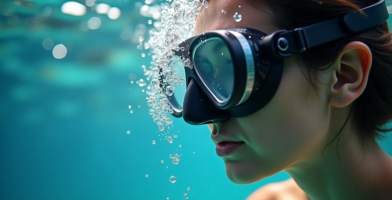 Close-up of snorkeler demonstrating mask clearing technique underwater with air bubbles escaping