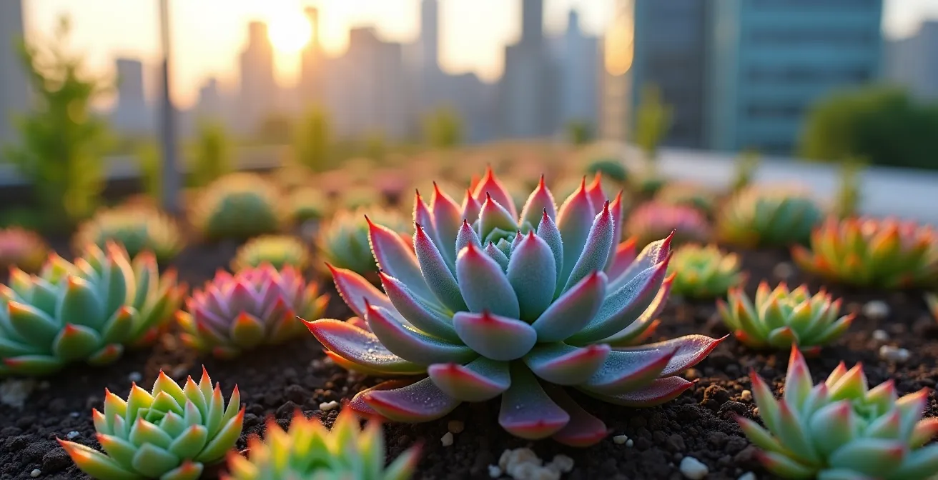 Macro view of diverse sedum varieties establishing on urban rooftop substrate