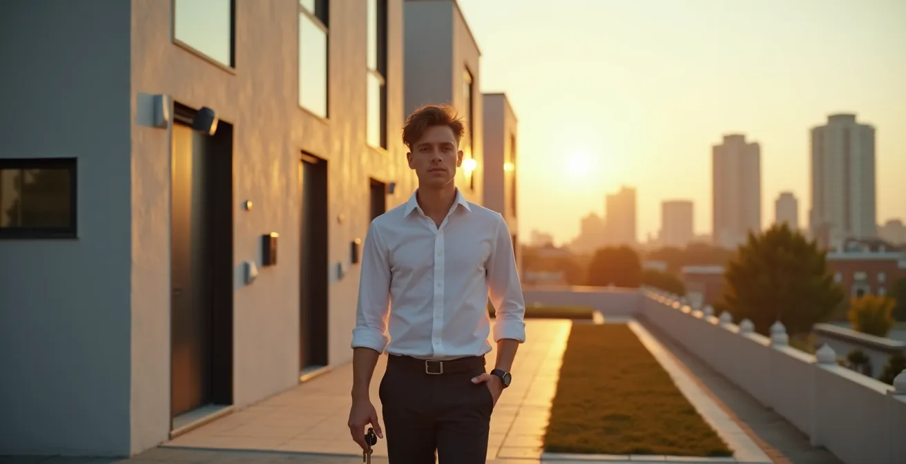Young professional standing in front of modern urban duplex property