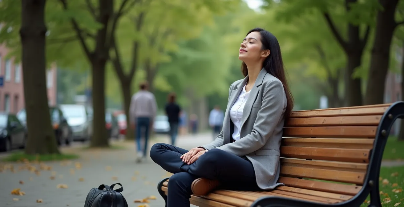 A professional in business casual attire sitting peacefully on a park bench, surrounded by trees during a lunch break.