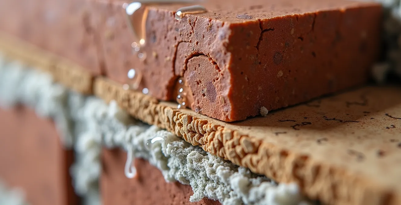Macro cross-section view of breathable wall insulation showing moisture movement through materials