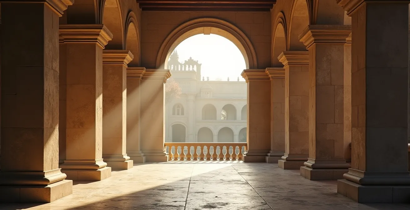 Wide environmental view showing diverse visitors experiencing ancient architecture through various accessible means