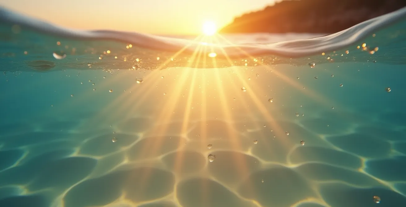 Morning sunlight reflecting off ocean surface creating bright light patterns