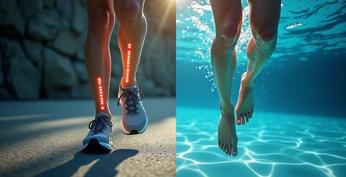 Visual comparison showing skeletal stress patterns during walking versus swimming